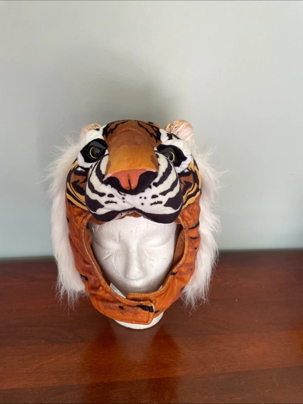 Kids Plush Tiger Head Costume Hat in Orange with White Accents